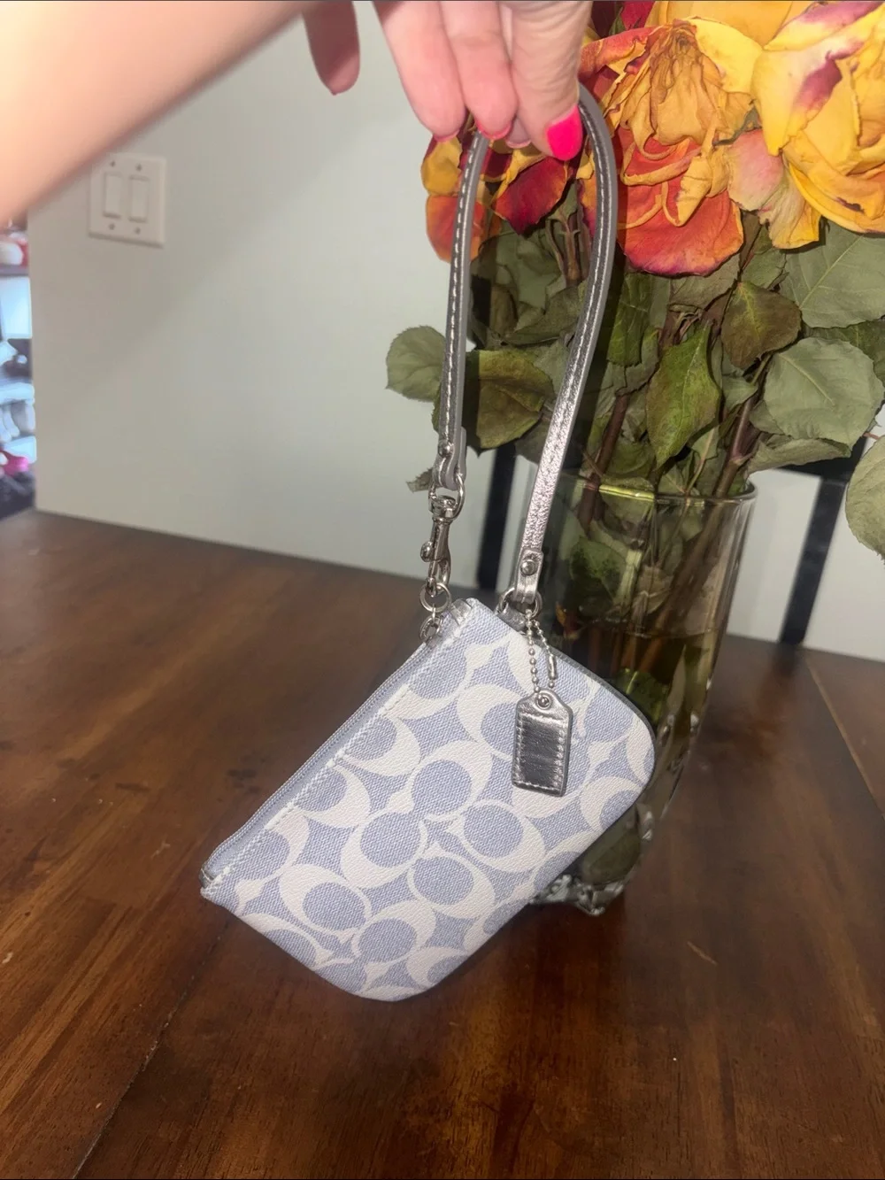 Coach Signature Canvas Wristlet in Light Gray and Cream. NWOT with COA
